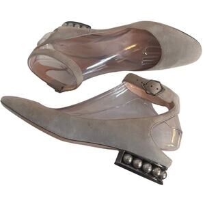 Nicholas Kirkwood Lola Gray Velvet Flats Pearl Heel Sz. 37 Ankle Strap Wedding